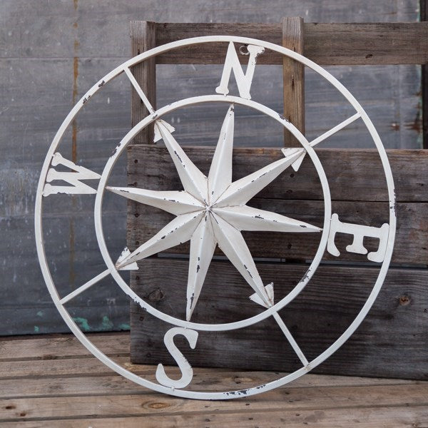 Distressed Antique White Metal Rose Compass Wall Decor-  30-in - Mellow Monkey