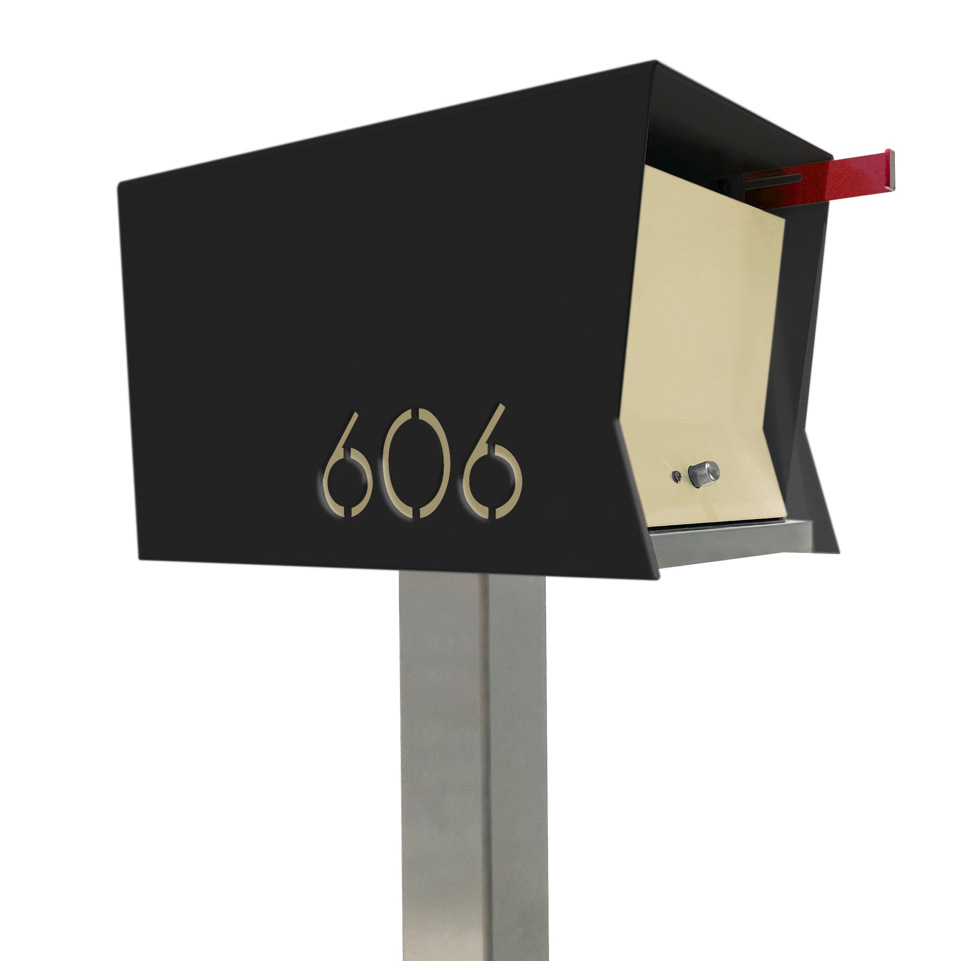 House Number and Name Mailbox - Glossy Black White Text