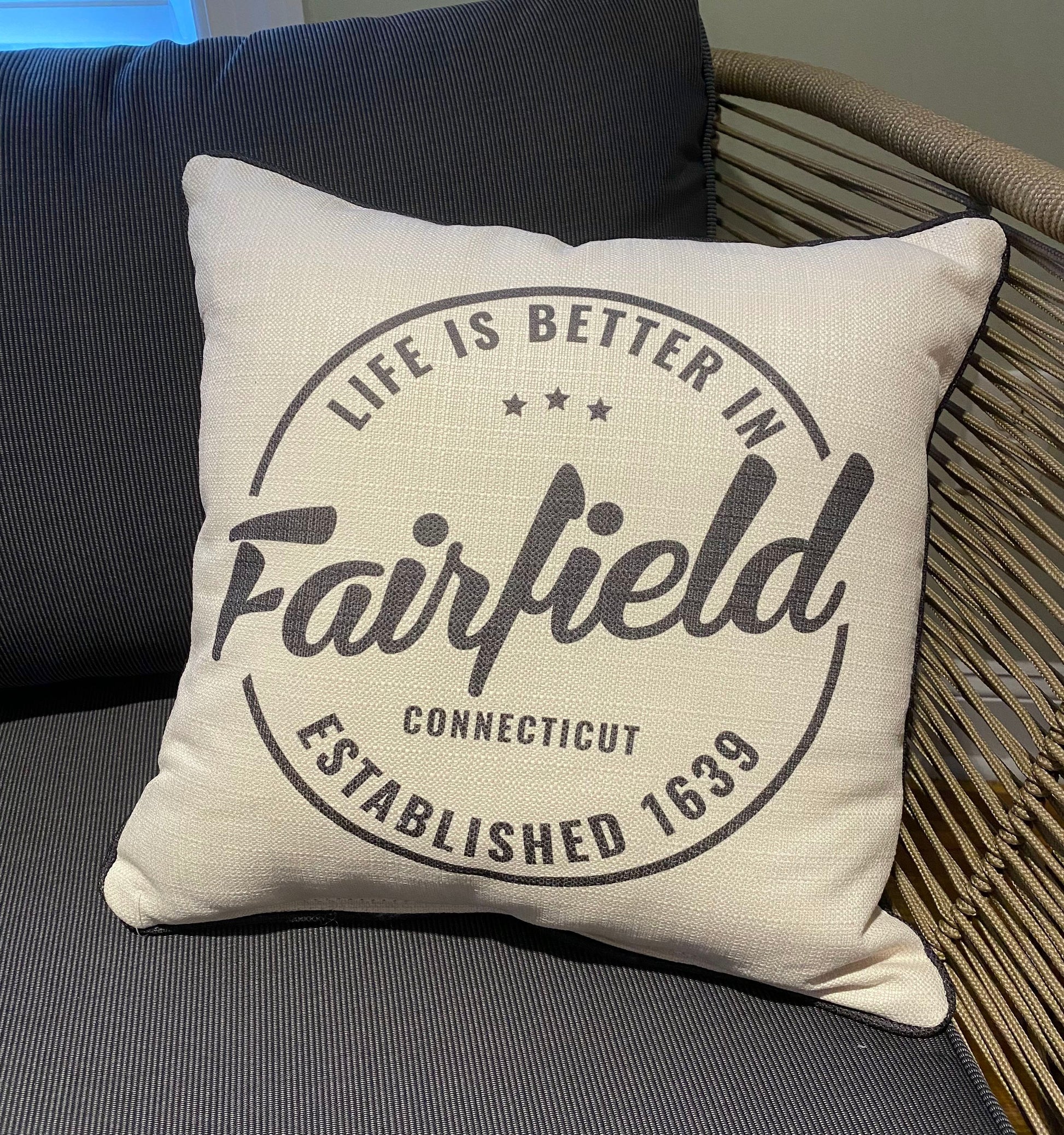 Life Is Better In Fairfield Connecticut Established 1639 - Throw Pillow - 16-in - Mellow Monkey