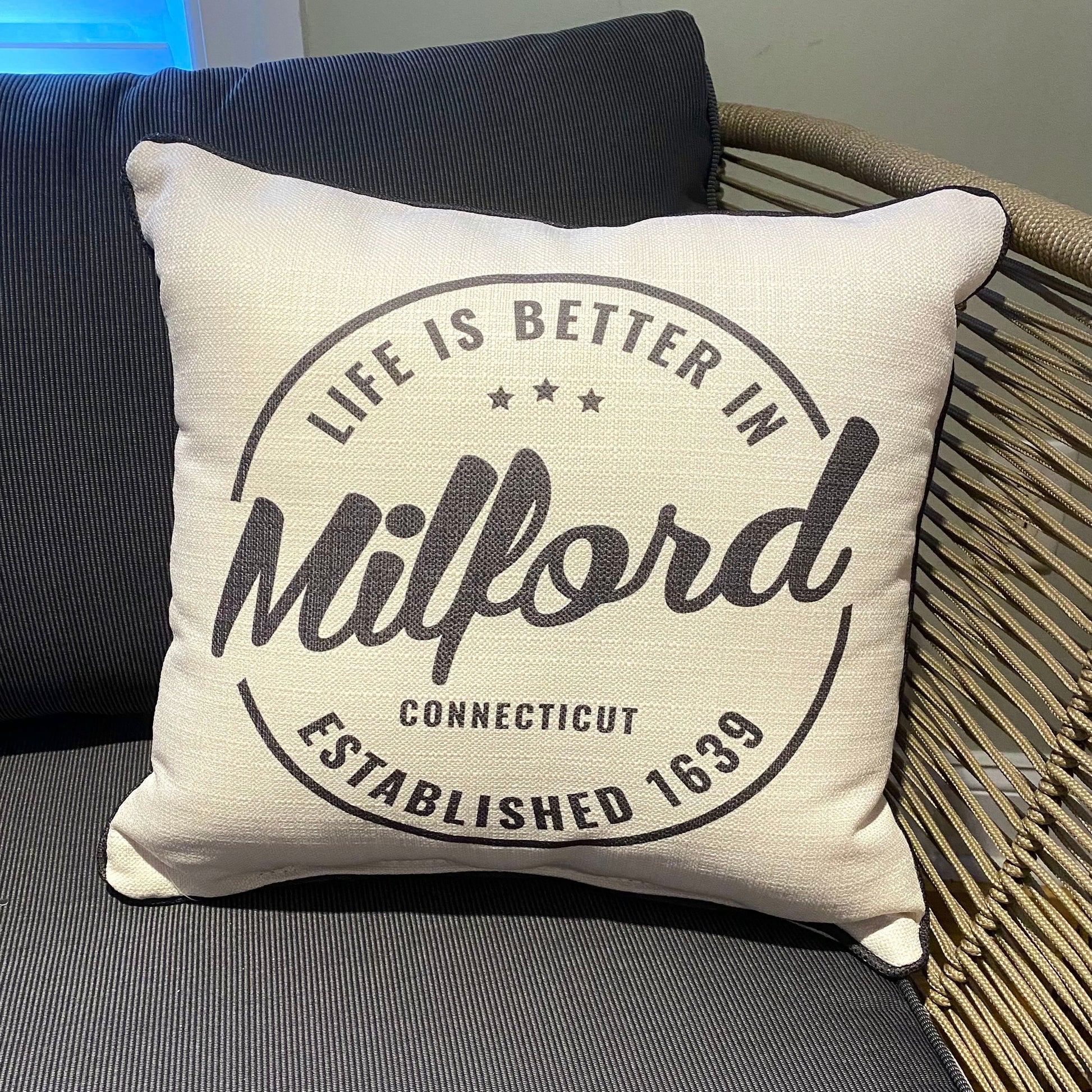 Life Is Better In Milford Connecticut Established 1639 - Throw Pillow - 16-in - Mellow Monkey