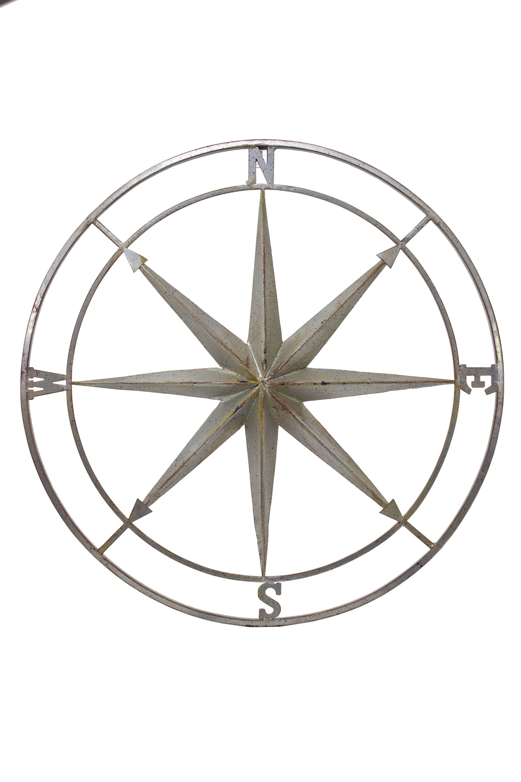 Distressed Antique Silver Gray Metal Rose Compass Wall Decor - 39-1/2-in - Mellow Monkey