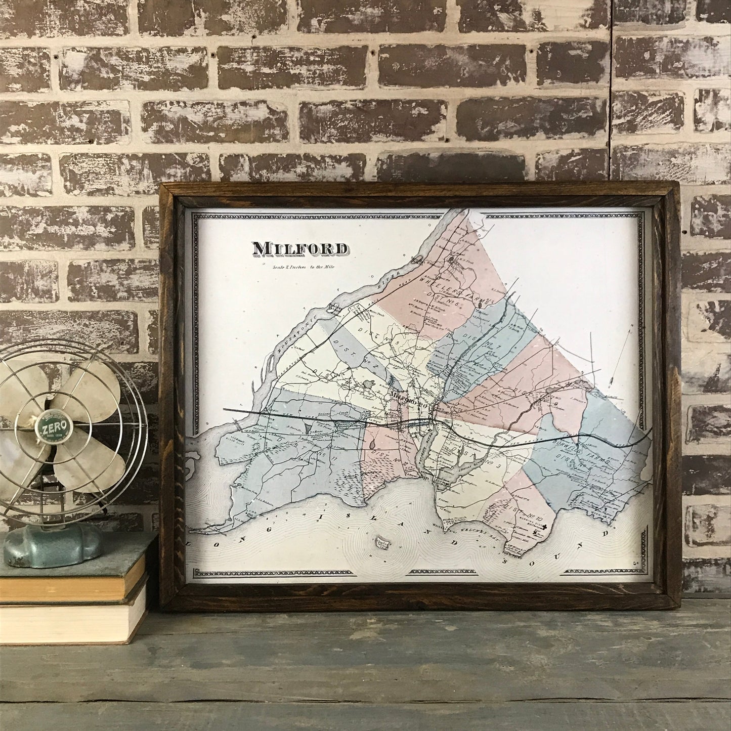 Town of Milford, Connecticut Vintage Map - Reclaimed Wood Frame - Brown Wax - 25-5/8-in - Mellow Monkey