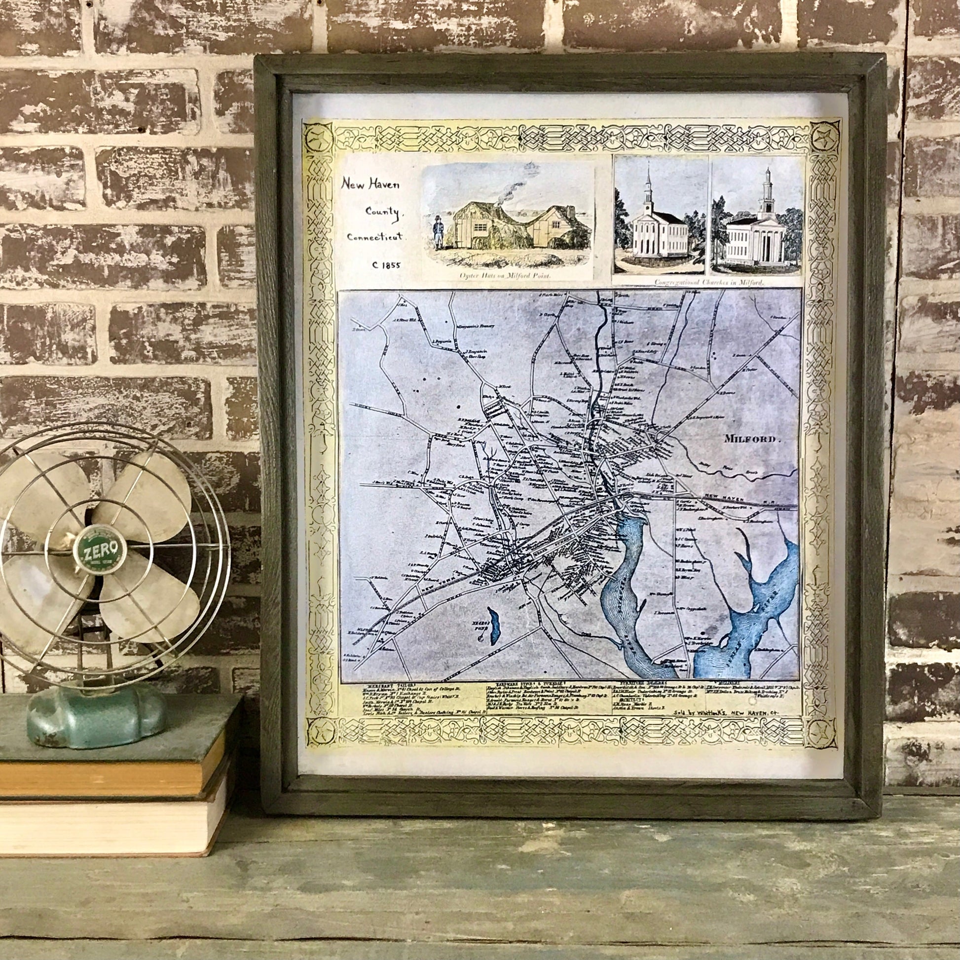 Town of Milford, Connecticut (New Haven County) Vintage Map 1855 - Reclaimed Wood Frame - Brown Wax - 26-3/4-in - Mellow Monkey