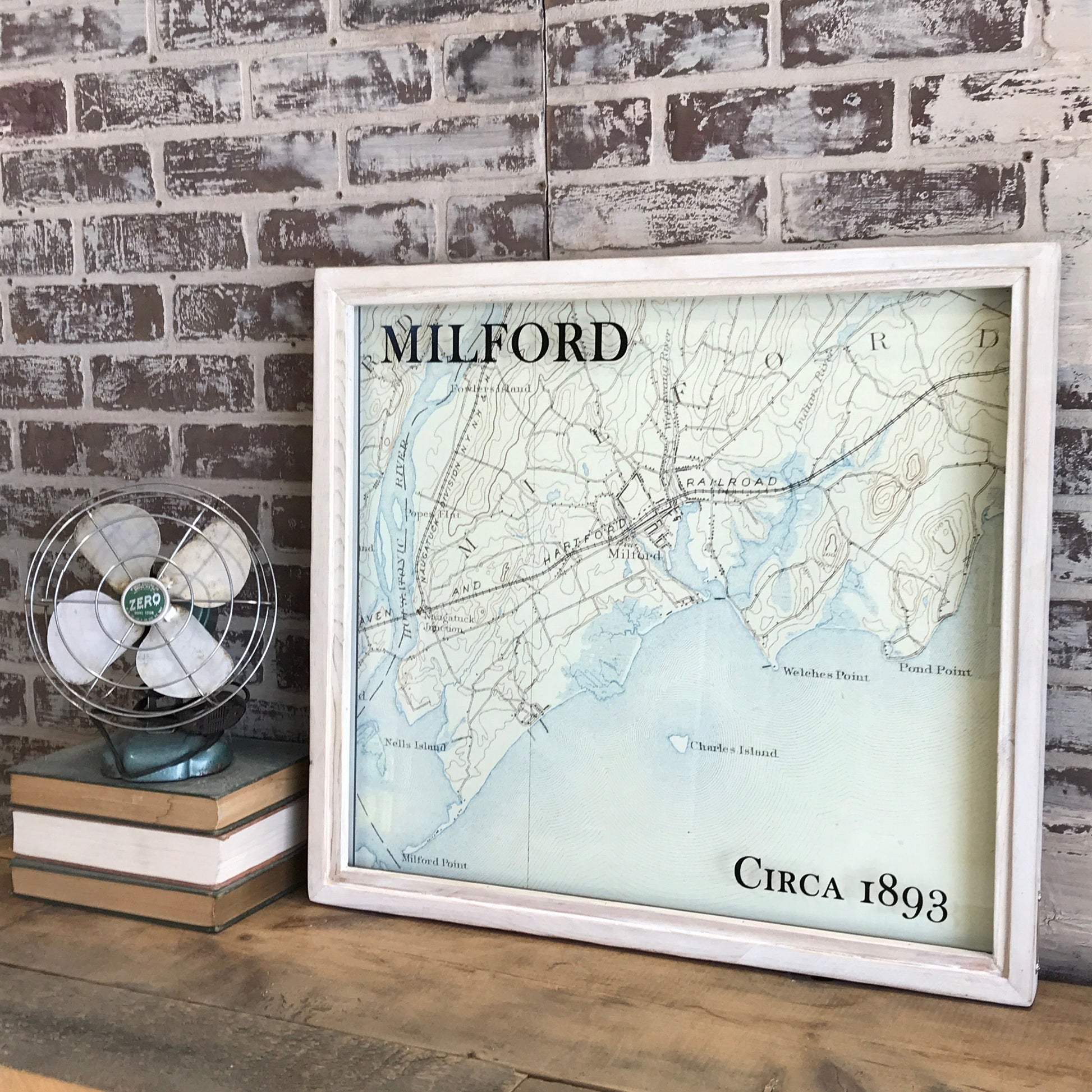 Vintage Milford Connecticut Map Circa 1893 Framed Whitewash Shadowbox 25-in - Mellow Monkey