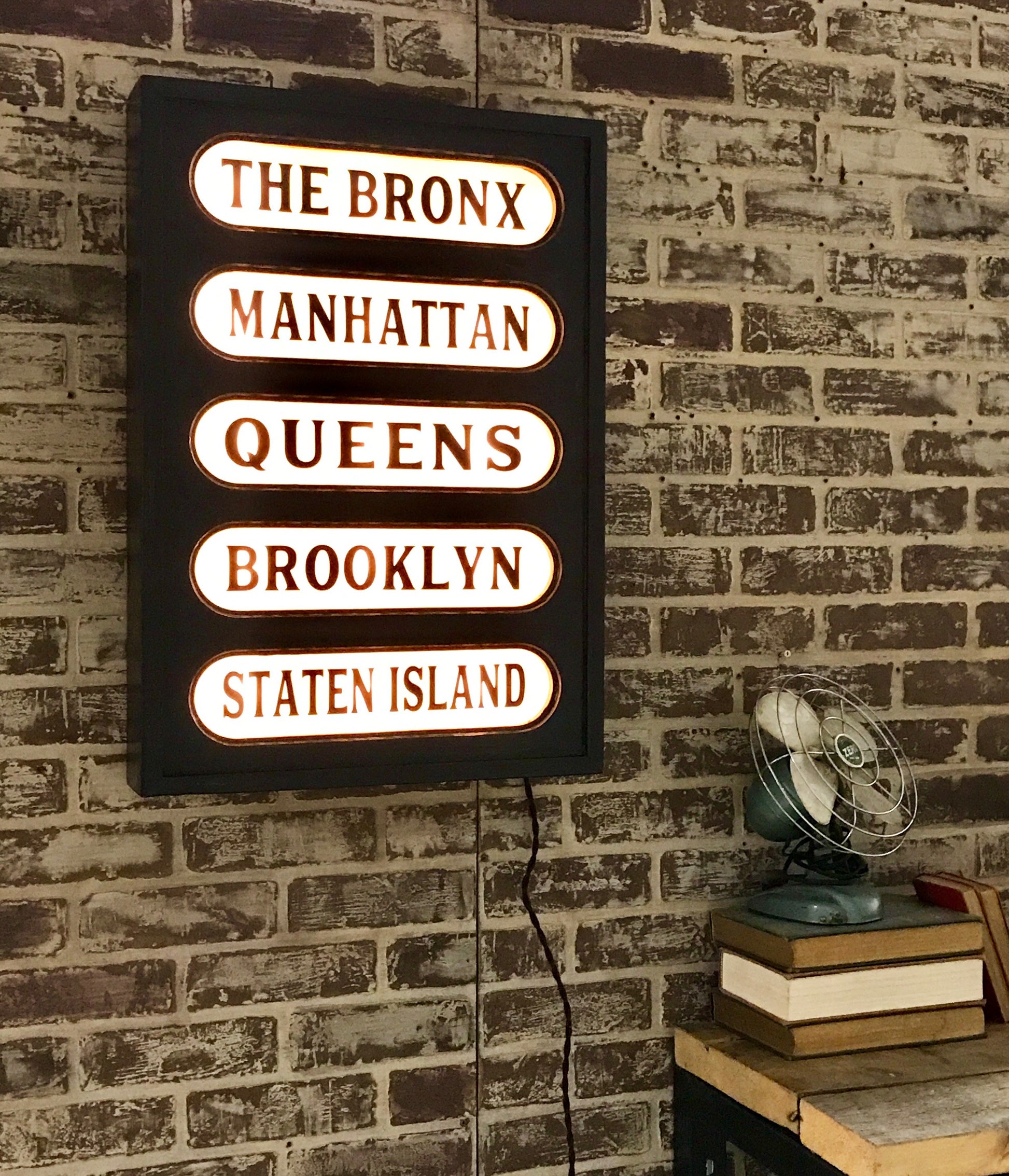 New York Boroughs Lighted Sign – Train Station Inspired Lighted Panel | 30-in - Mellow Monkey