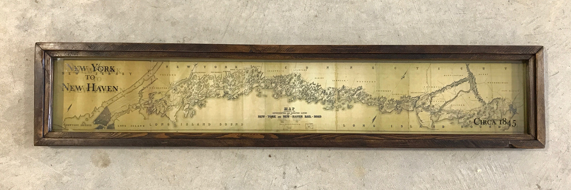 Vintage New York To New Haven Railroad Map Circa 1845 Framed Shadowbox 45-in W - Mellow Monkey