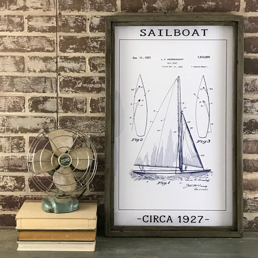 Vintage Patent Office - Sailboat - Circa 1927 - Framed Whitewash Shadowbox 28-in - Mellow Monkey