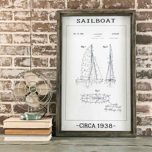 Vintage Patent Office - Sailboat - Circa 1938 - Framed Whitewash Shadowbox 28-in - Mellow Monkey