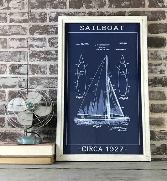 VIntage Patent Office Blueprint - Sailboat - Circa 1927 - Framed Whitewash Shadowbox 28-in - Mellow Monkey