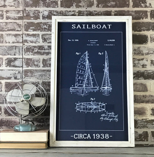 Vintage Patent Office Blueprint - Sailboat - Circa 1938 - Framed Whitewash Shadowbox 28-in - Mellow Monkey