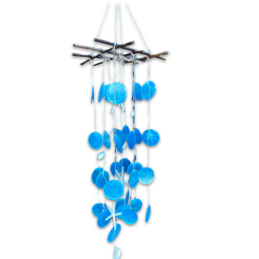 Blue Capiz and Starfish Hanging Mobile Wind Chime with Dark Bamboo Crisscross Top -38-in - Mellow Monkey