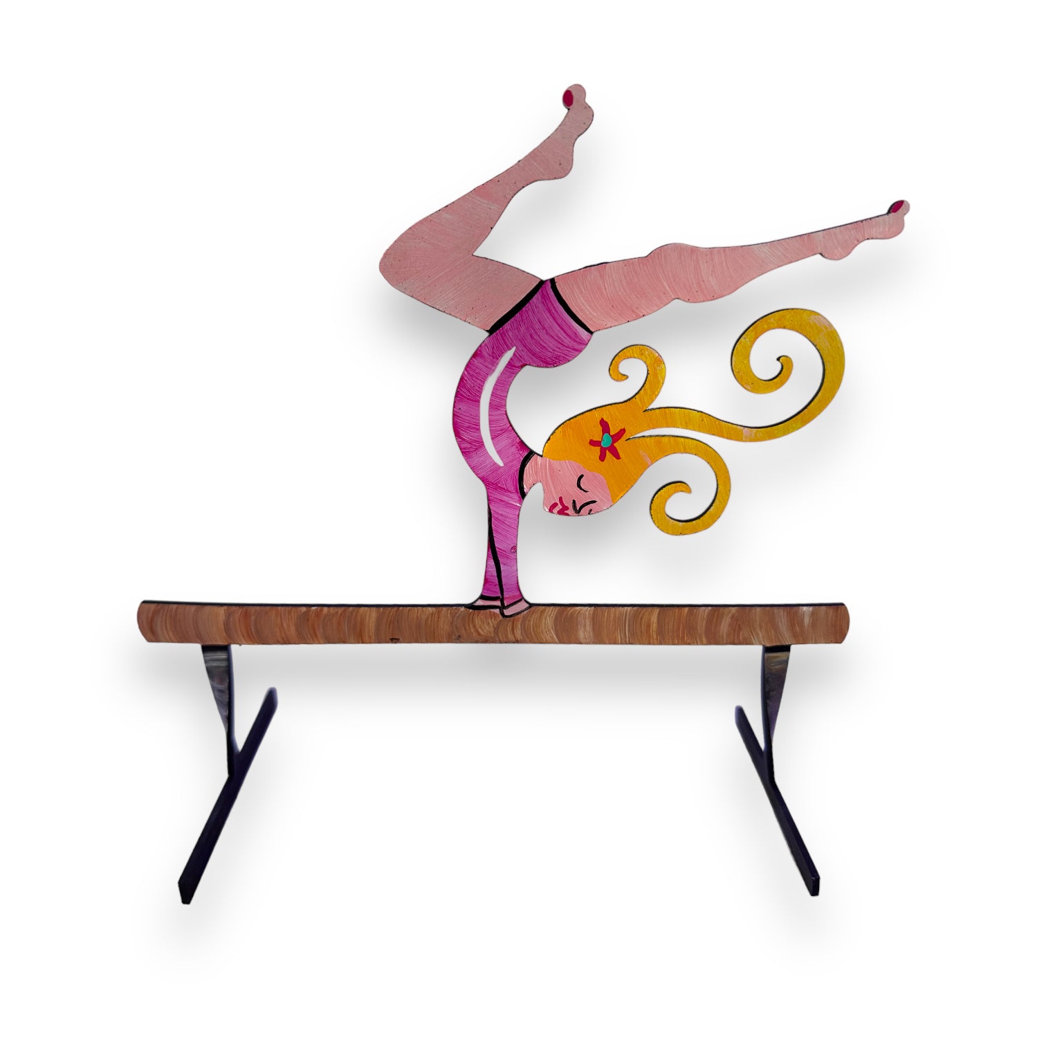 Gymnast On Beam (Pink With Blonde Hair) Hand Painted Freestanding Metal Figurine - 7-in - Mellow Monkey