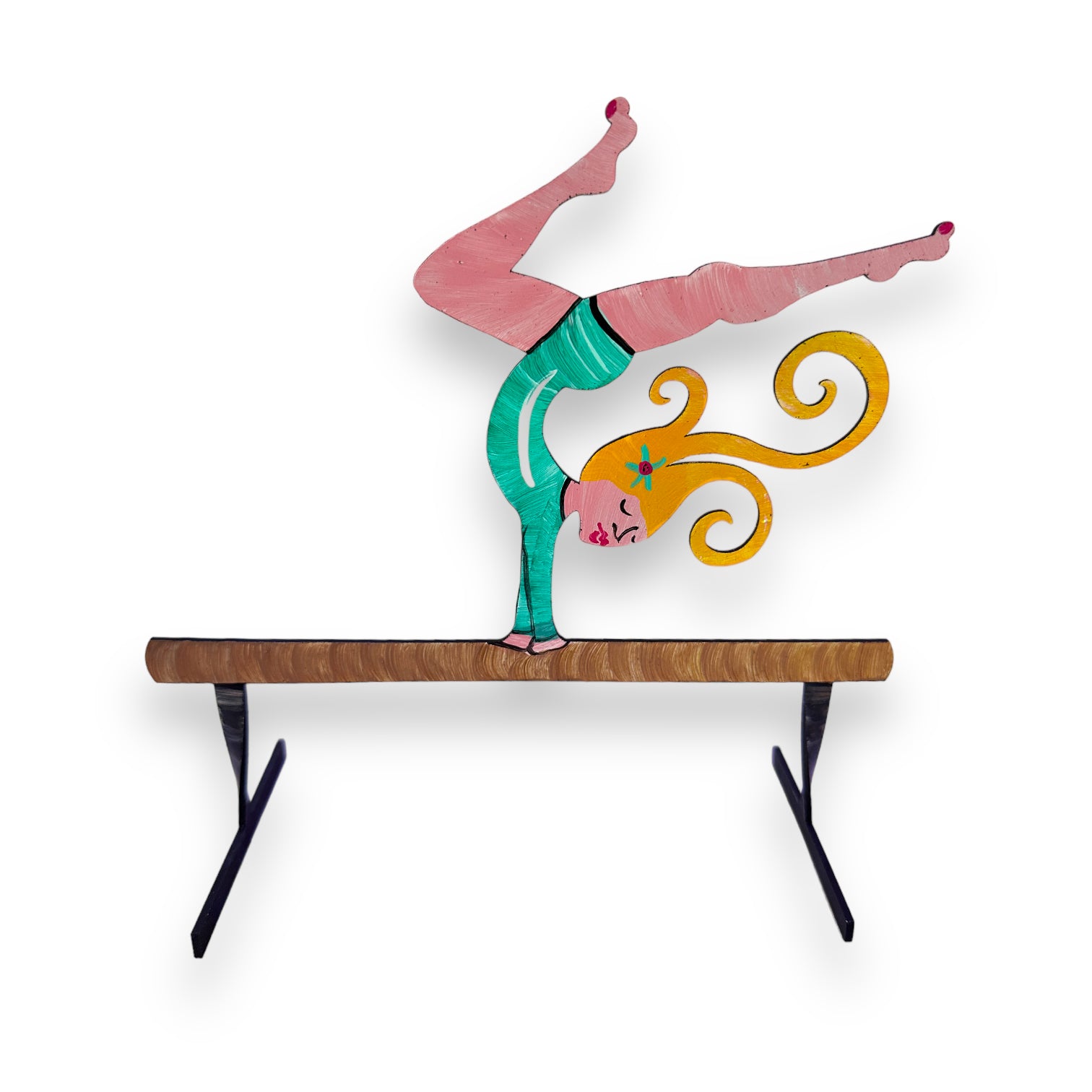 Gymnast On Beam (Aqua With Blonde Hair) Hand Painted Freestanding Metal Figurine - 7-in - Mellow Monkey