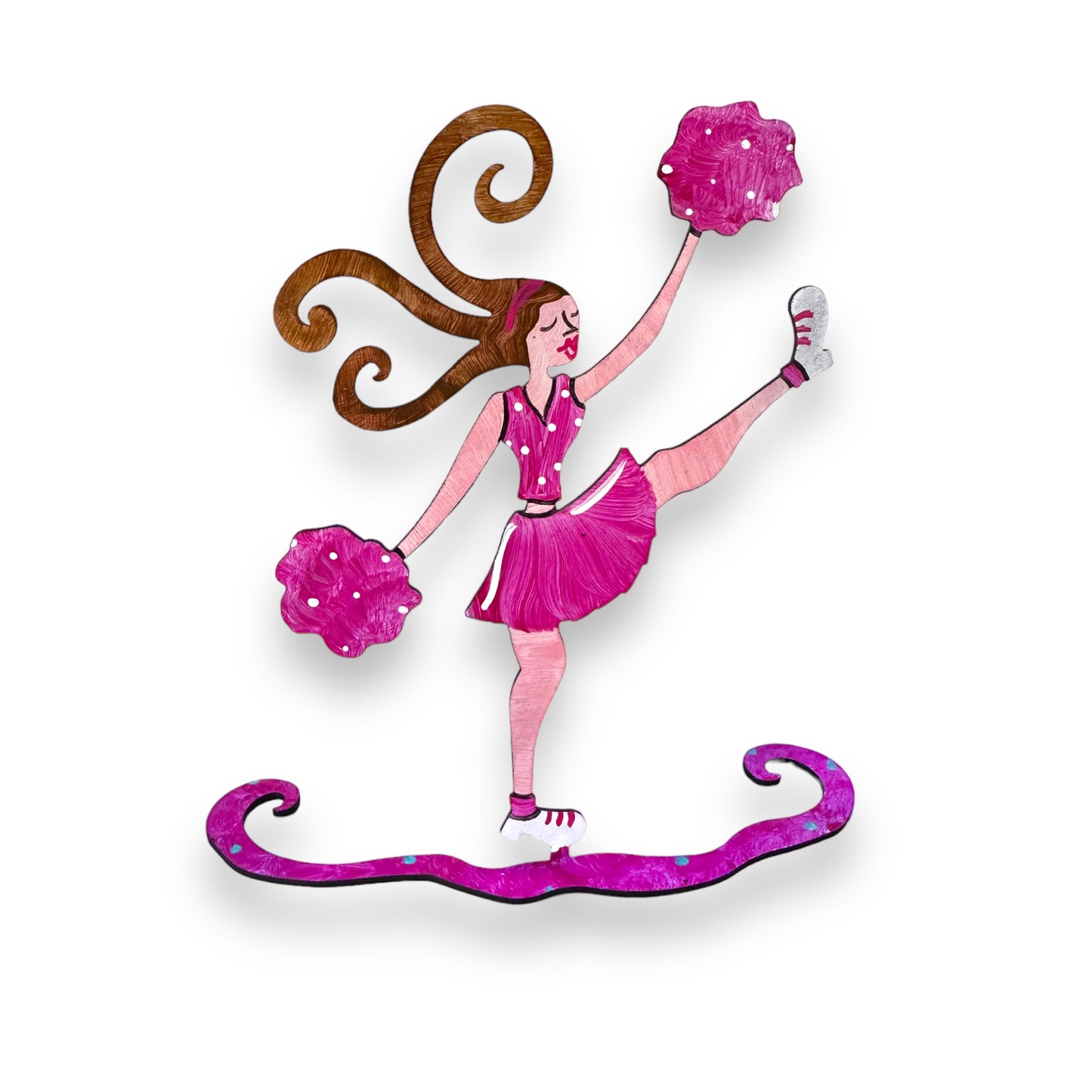 Cheerleader (Pink With Brown Hair) Hand Painted Freestanding Metal Figurine - 6.5-in - Mellow Monkey
