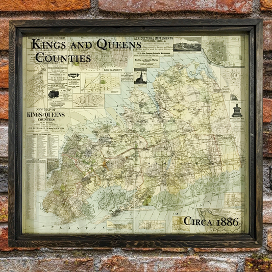 Kings and Queens Counties New York Vintage Map Circa 1886 Framed Brown Shadowbox - 25-1/8-in - Mellow Monkey