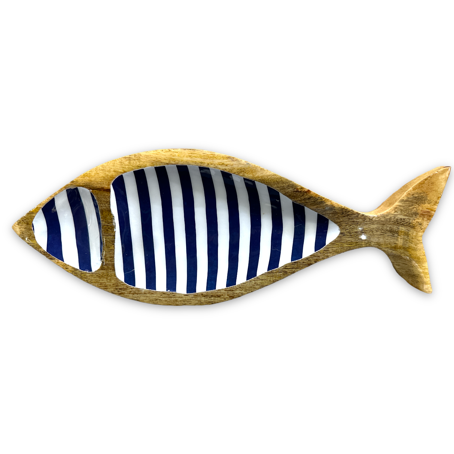 Cabana Striped Blue and White Fish Shaped Tray - Wood with Enamel - 13-1/2-in - Mellow Monkey
