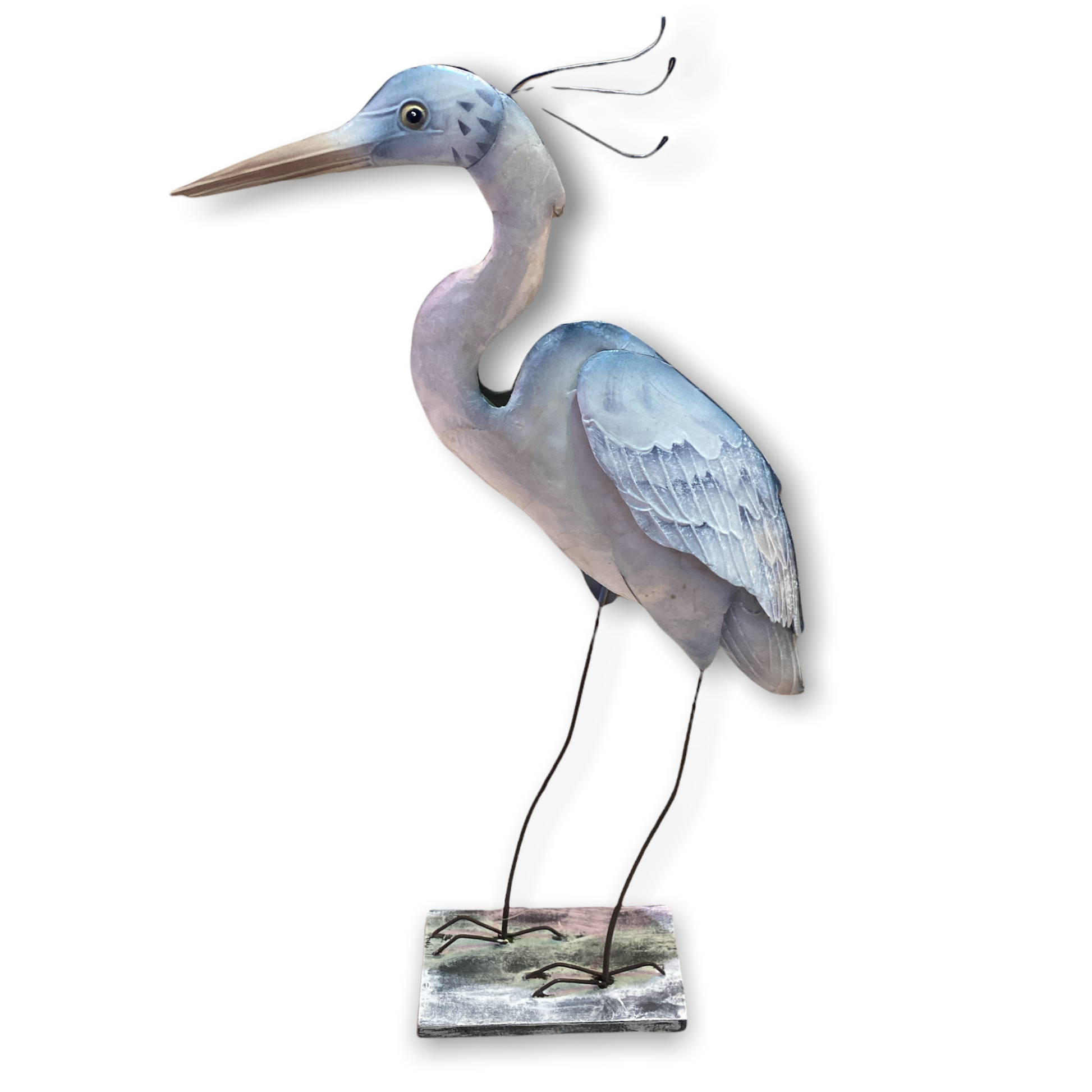 Egret - Metal Freestanding Sculpture on Wooden Base - 20-in - Mellow Monkey