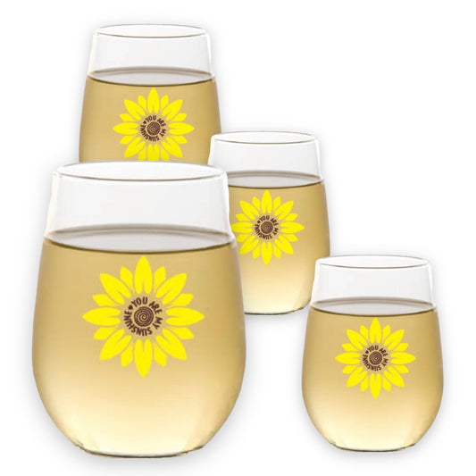 You Are My Sunshine - Sunflower - Shatterproof Stemless Wine Glass - 4-pk - Mellow Monkey