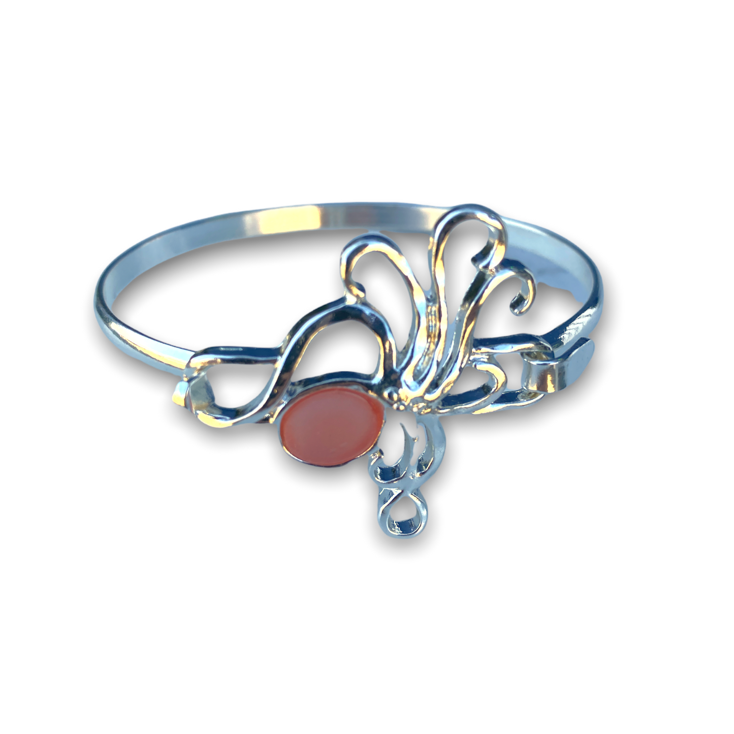 Polished Metal Octopus Bangle Bracelet with Peach Glass Stone Inlay - Mellow Monkey