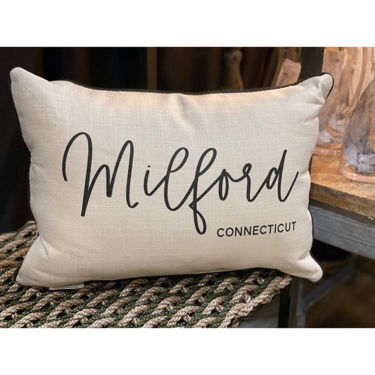 Milford Connecticut Throw Pillow with Pinot Script and Black Piping - 19-in - Mellow Monkey