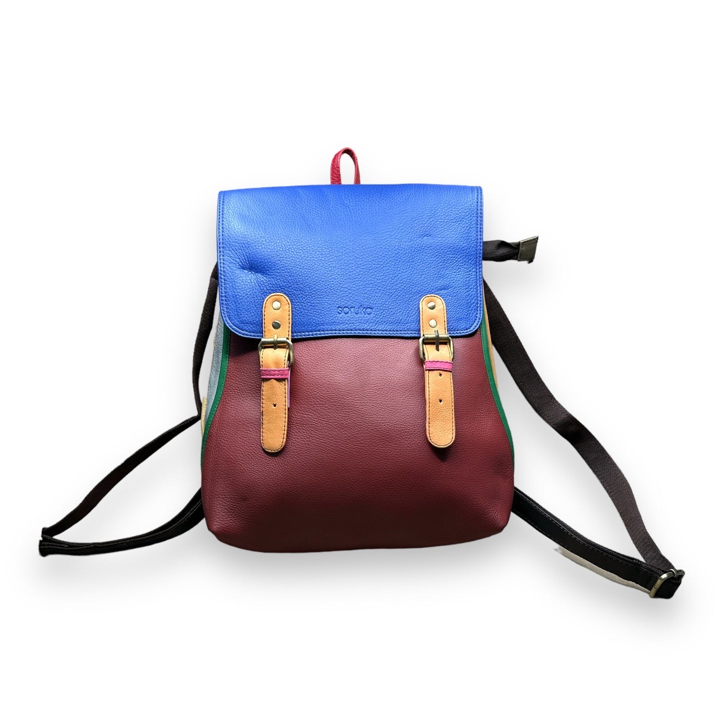Jordyn Blue and Red Colorblock Backpack- Recycled Leather - Mellow Monkey