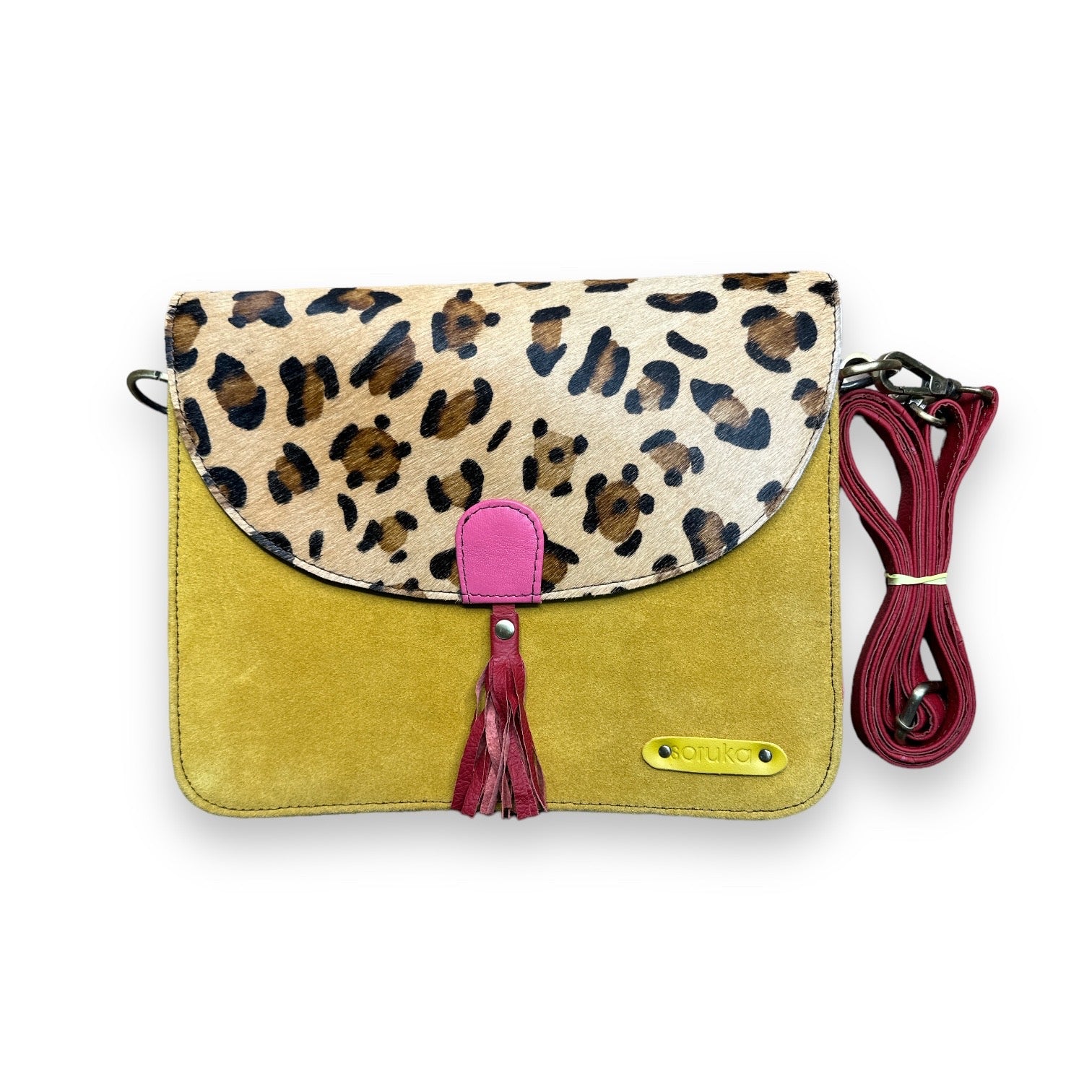 Olivia Yellow Suede and Leopard Print Large Crossbody Bag - Recycled Leather - Mellow Monkey