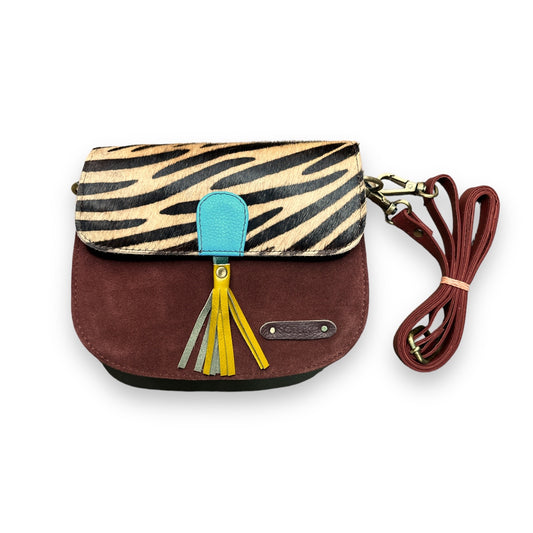 Lena Brick Red Suede and Tiger Print Crossbody Bag - Recycled Leather - Mellow Monkey