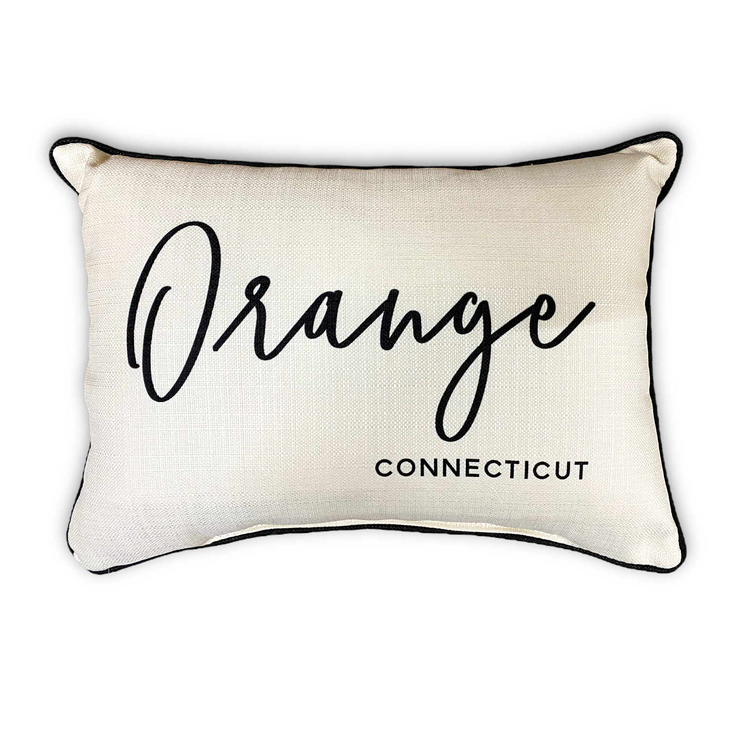 Orange Connecticut Throw Pillow with Pinot Script and Black Piping