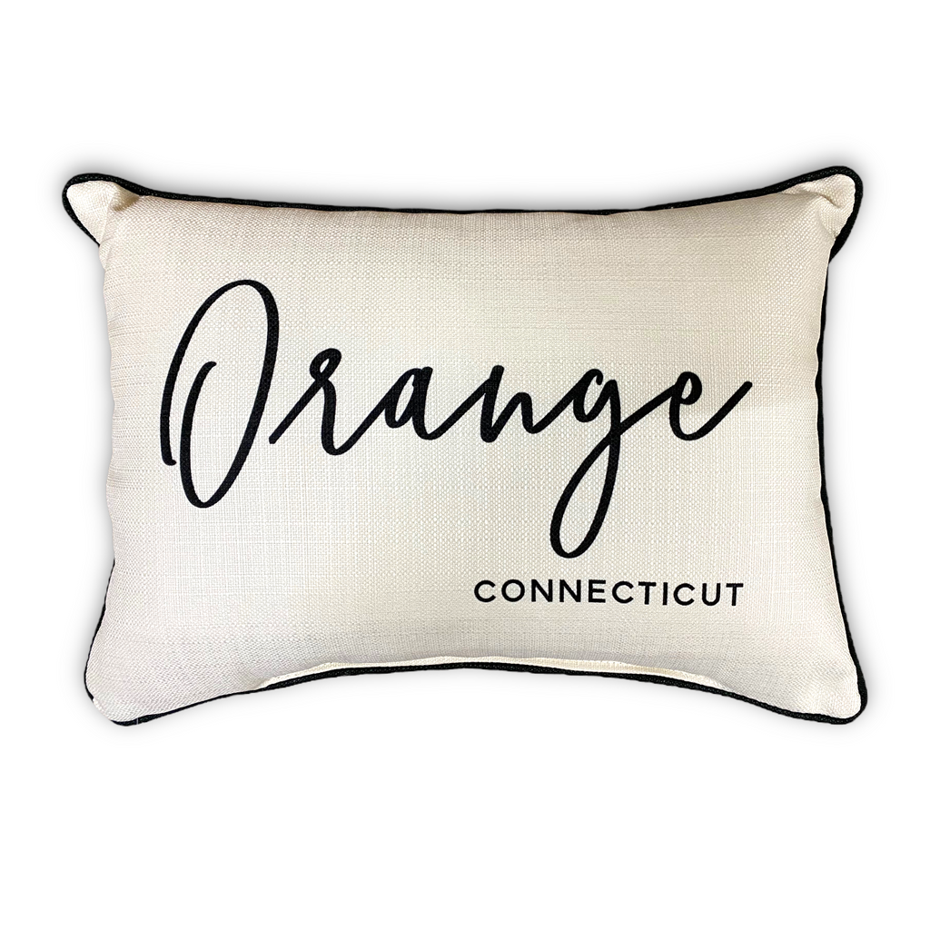 Orange Connecticut Throw Pillow with Pinot Script and Black Piping 1