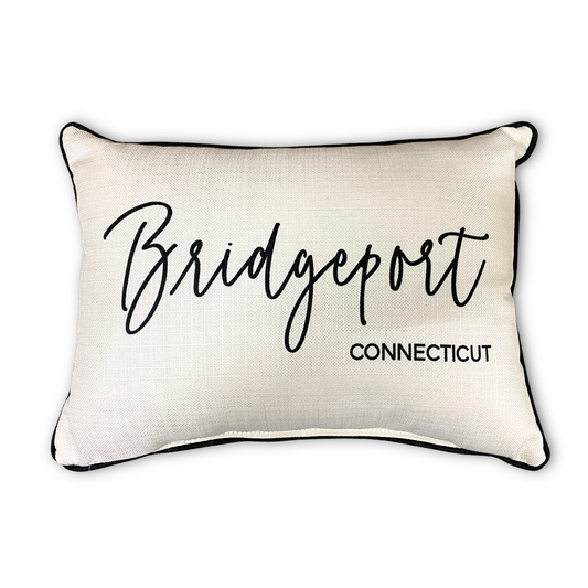 Bridgeport Connecticut Throw Pillow with Pinot Script and Black Piping
