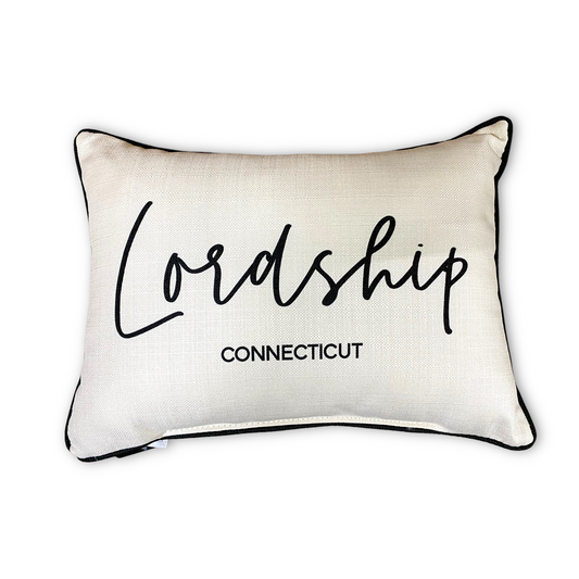 Lordship Connecticut Throw Pillow with Pinot Script and Black Piping 