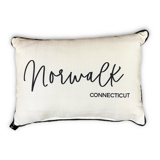 Norwalk Connecticut Throw Pillow with Pinot Script and Black Piping - 19-in - Mellow Monkey