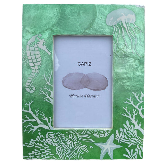 Seahorse Jellyfish Starfish Sea Life Painted Capiz Photo Frame - 9-in (for 4x6 photo) - Mellow Monkey