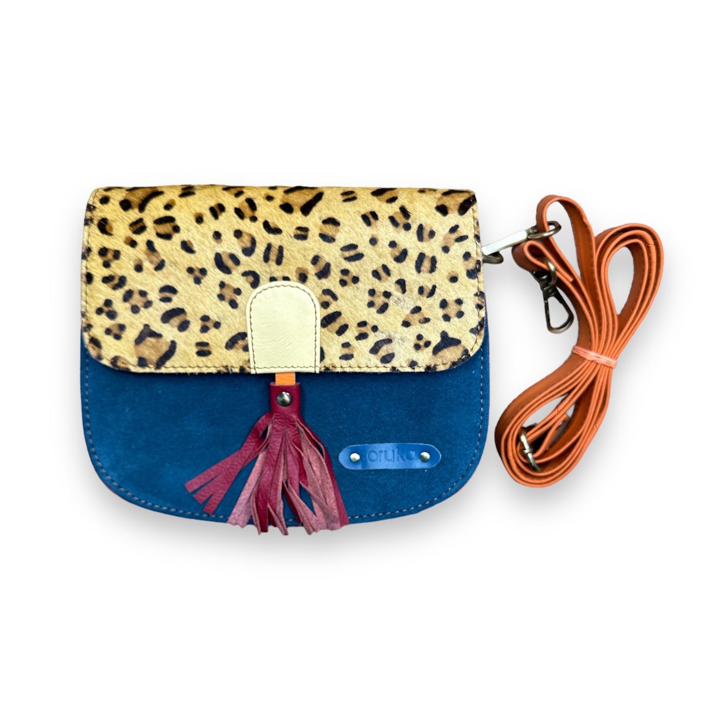 Lena Blue Suede and Leopard Print Crossbody Bag - Recycled Leather - Mellow Monkey