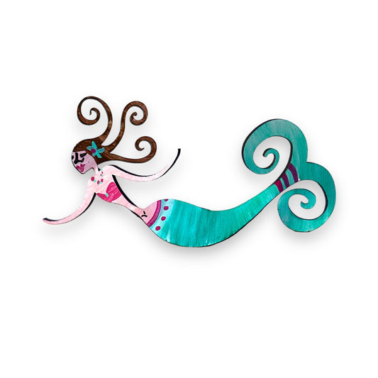 Mermaid (Aqua With Brown Hair) Hand Painted Freestanding Metal Figurine - 5-in - Mellow Monkey