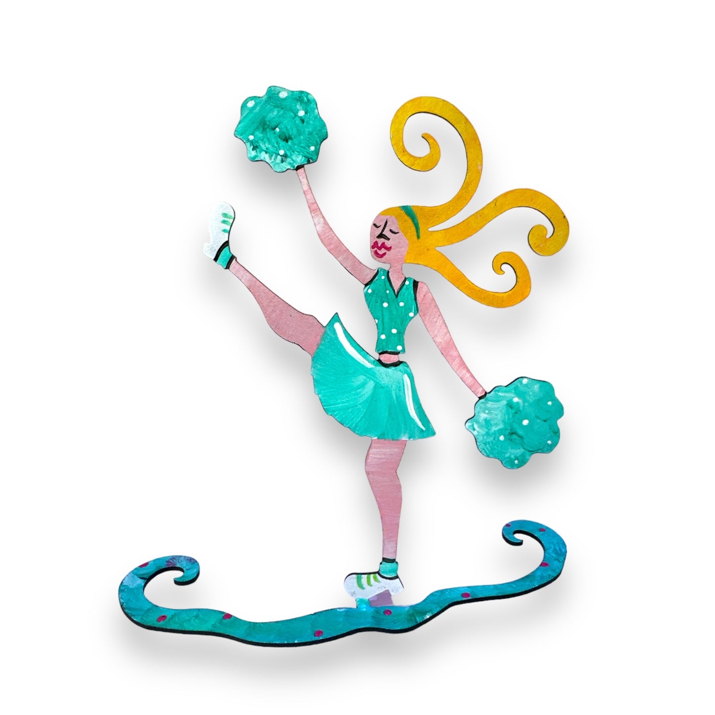 Cheerleader (Aqua With Blonde Hair) Hand Painted Freestanding Metal Figurine - 6.5-in - Mellow Monkey
