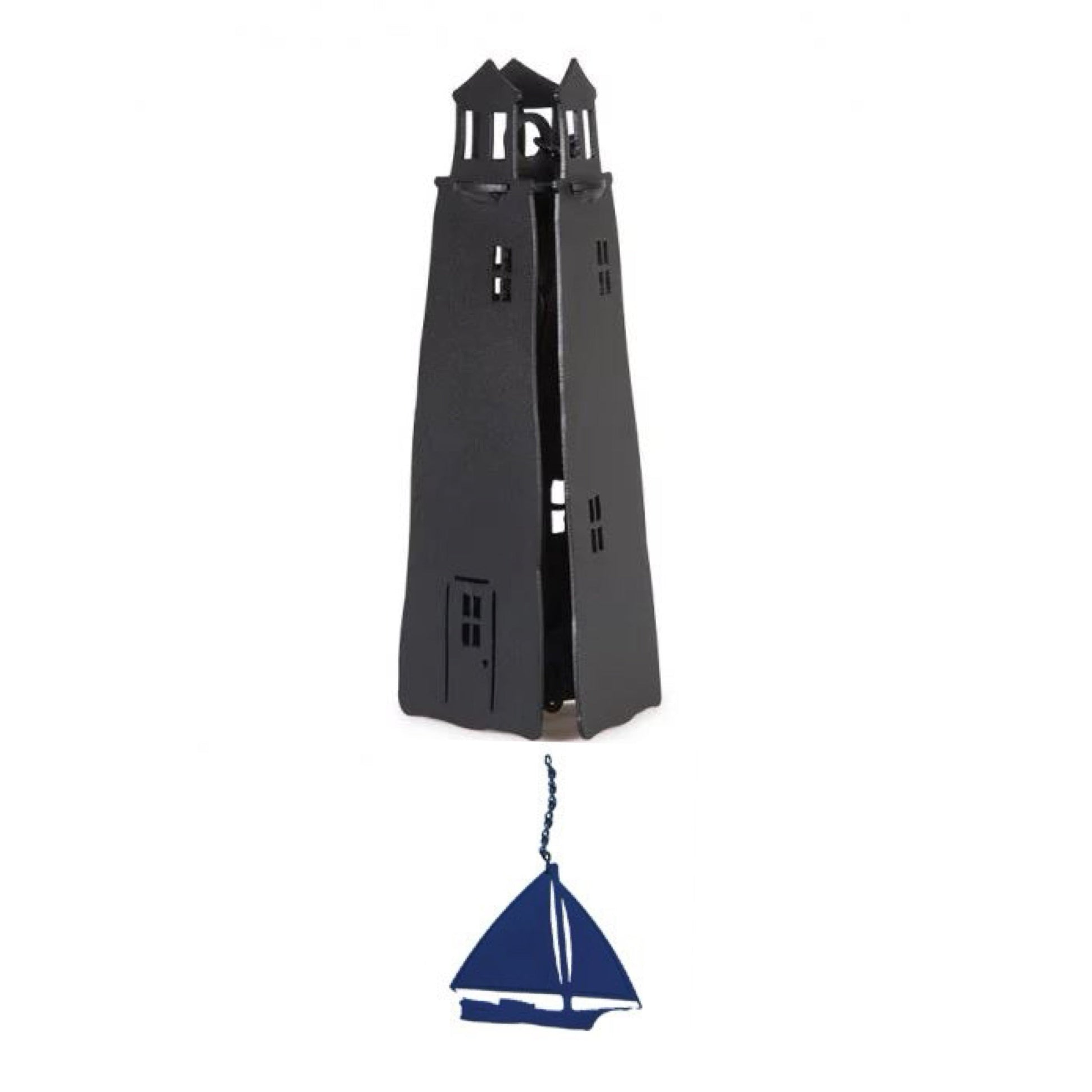 North Country Bells Black Beacon Lighthouse Wind Bell with Blue Skip Jack Windcatcher - 10-in - Mellow Monkey