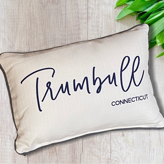 Trumbull Connecticut Throw Pillow with Pinot Script with Black Piping- 19-in - Mellow Monkey