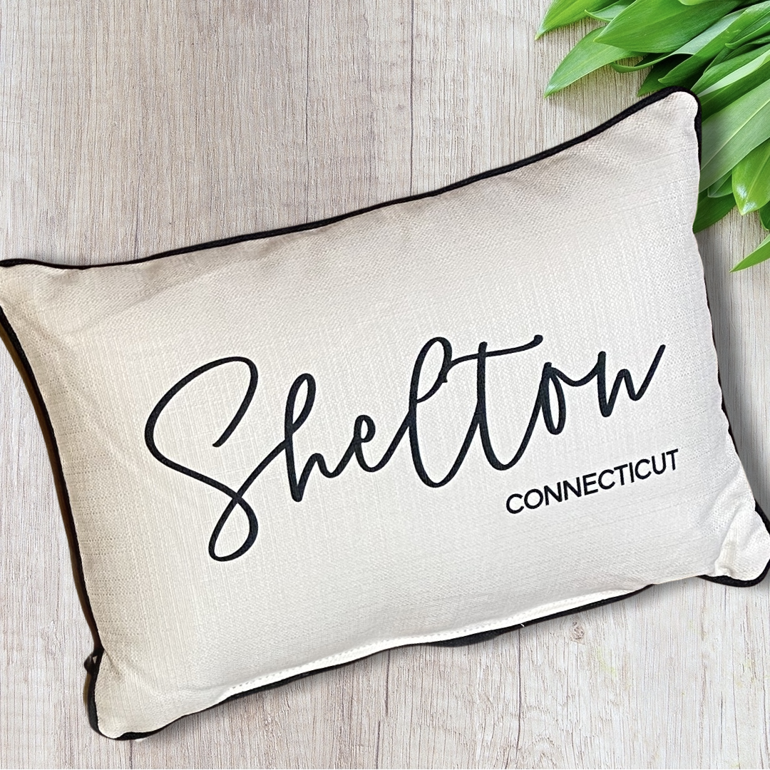 Shelton Connecticut Throw Pillow with Pinot Script and Black Piping- 19-in - Mellow Monkey