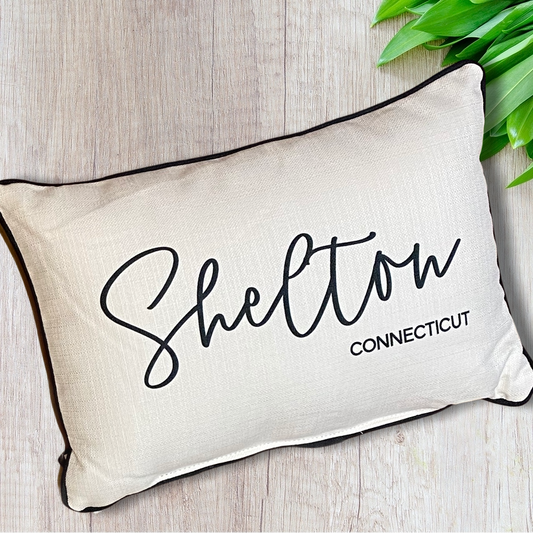 Shelton Connecticut Throw Pillow with Pinot Script and Black Piping- 19-in - Mellow Monkey