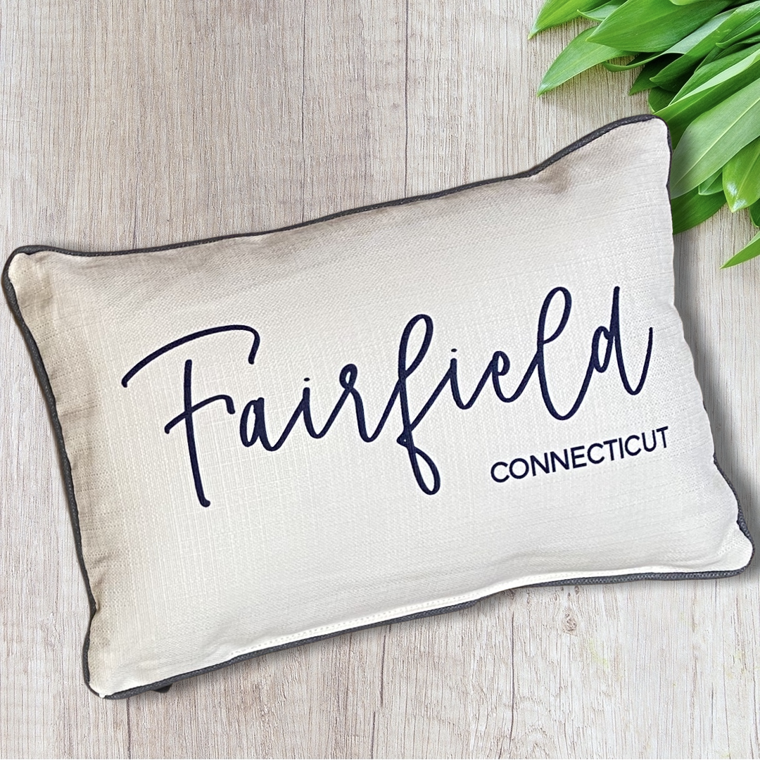 Fairfield Connecticut Throw Pillow with Pinot Script - 19-in - Mellow Monkey