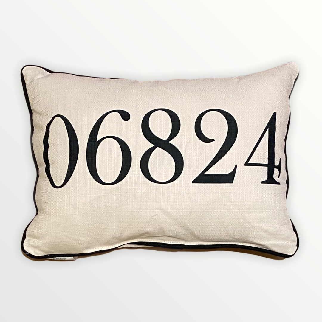 Zip Code Throw Pillow Black Text with Black Piping - 06824 (Fairfield, Connecticut) - 19-in - Mellow Monkey