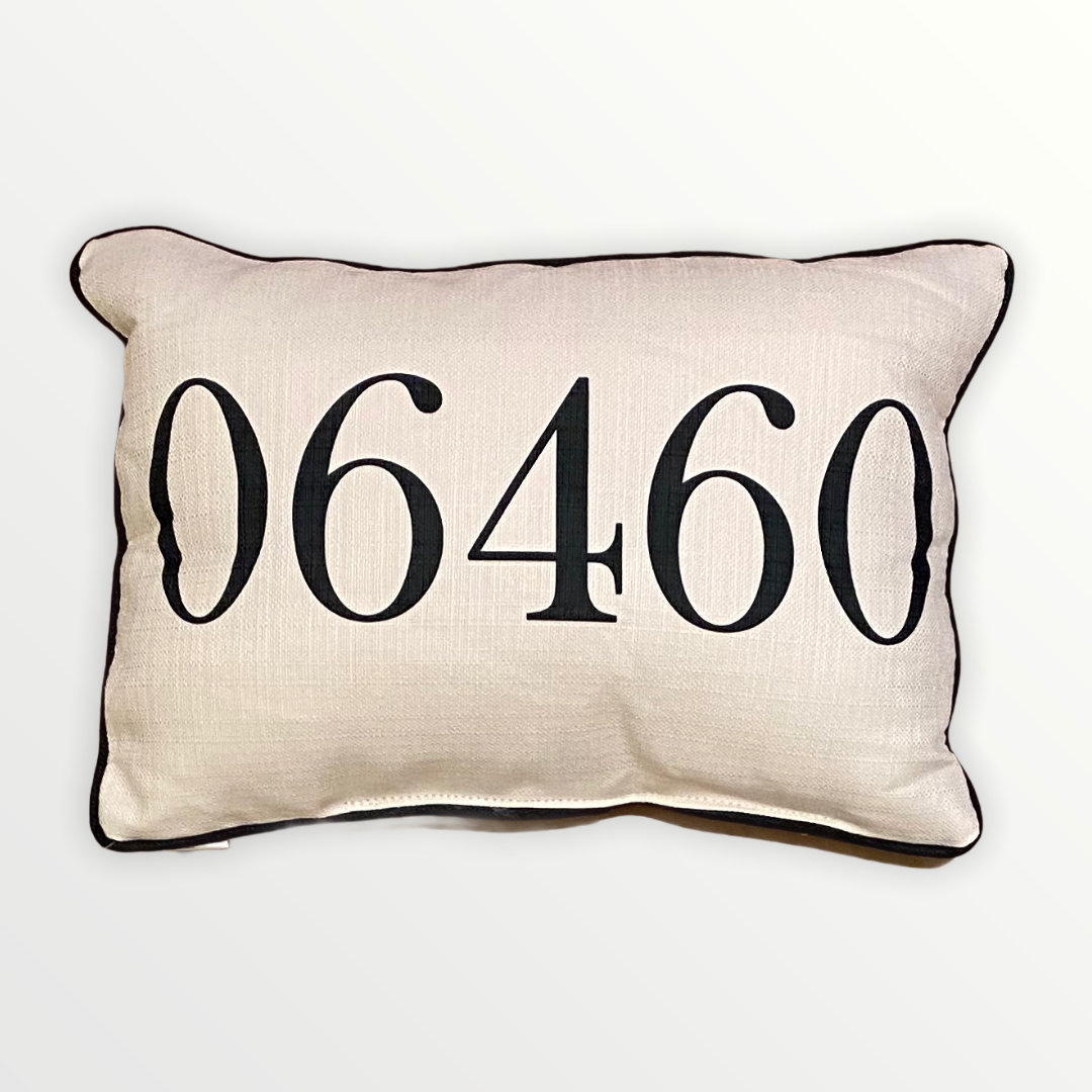 Zip Code Throw Pillow Black Text with Black Piping - 06460 (Milford, Connecticut) - 19-in - Mellow Monkey