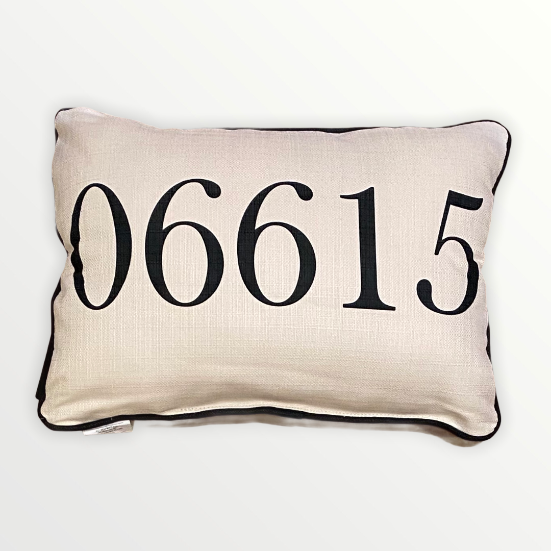 Zip Code Throw Pillow Black Text with Black Piping - 06615 (Stratford, Connecticut) - 19-in - Mellow Monkey