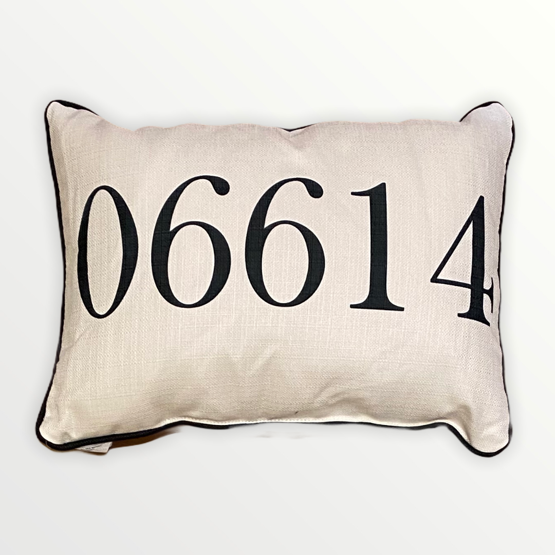 Zip Code Throw Pillow Black Text with Black Piping - 06614 (Stratford, Connecticut) - 19-in - Mellow Monkey