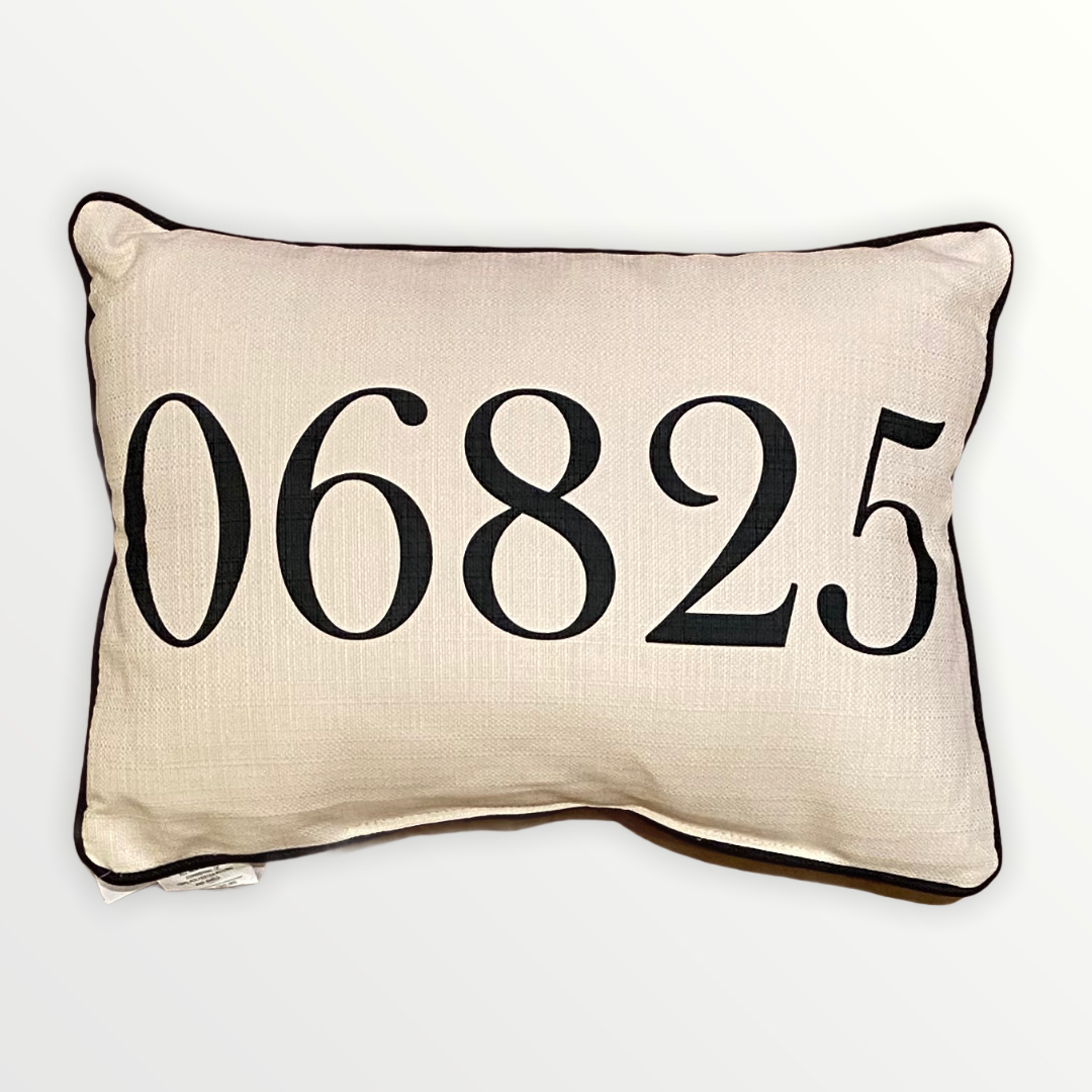 Zip Code Throw Pillow Black Text with Black Piping - 06825 (Fairfield, Connecticut) - 19-in - Mellow Monkey