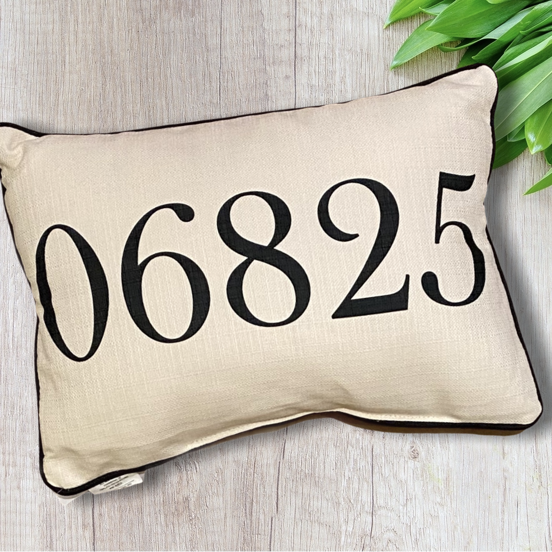 Zip Code Throw Pillow Black Text with Black Piping - 06825 (Fairfield, Connecticut) - 19-in - Mellow Monkey