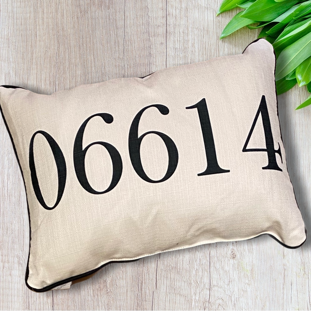 Zip Code Throw Pillow Black Text with Black Piping - 06614 (Stratford, Connecticut) - 19-in - Mellow Monkey