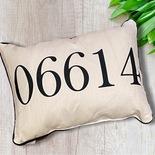 Zip Code Throw Pillow Black Text with Black Piping - 06614 (Stratford, Connecticut) - 19-in - Mellow Monkey