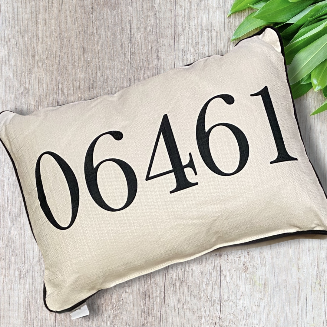 Zip Code Throw Pillow Black Text with Black Piping - 06461 (Milford, Connecticut) - 19-in - Mellow Monkey